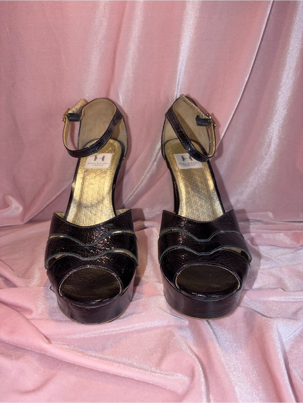 Halston Heritage Black Patent Leather Platform Peep Toe Heels Size 10